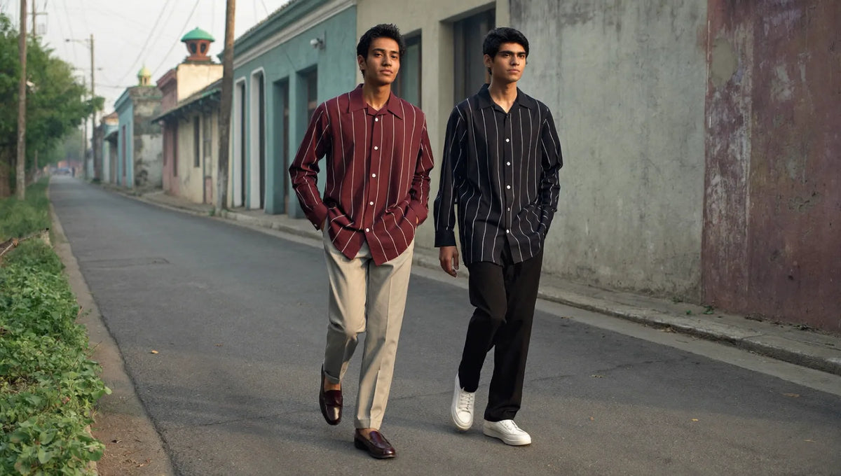 Two men in Marvén striped shirts walking down an old Dhaka street